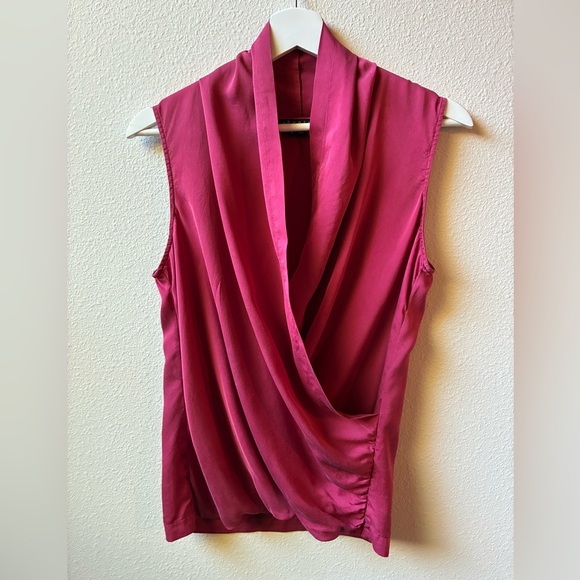 Theory Derona Draped Sleeveless Silk Blouse in Fuchsia (Size:S) - Picture 3 of 14